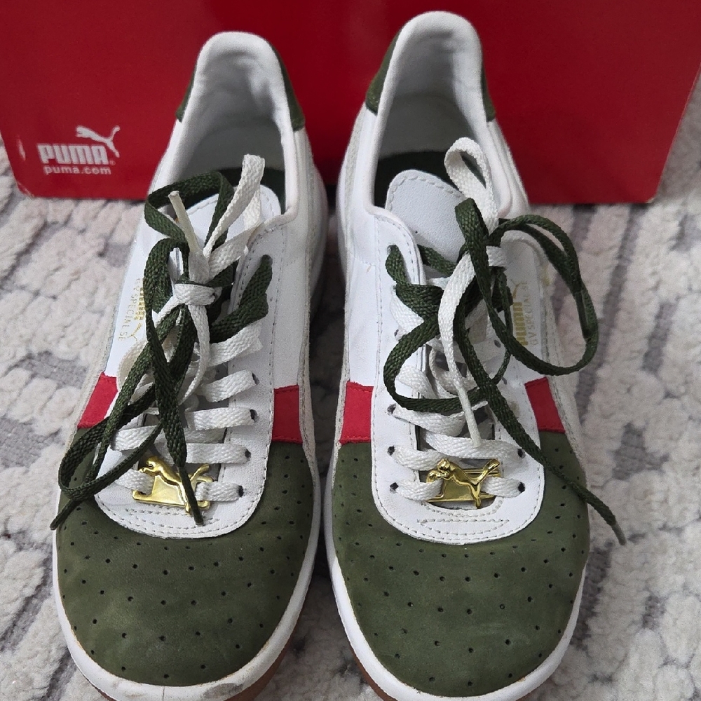 Puma Girl's Olive Green, Red, and White Sneakers